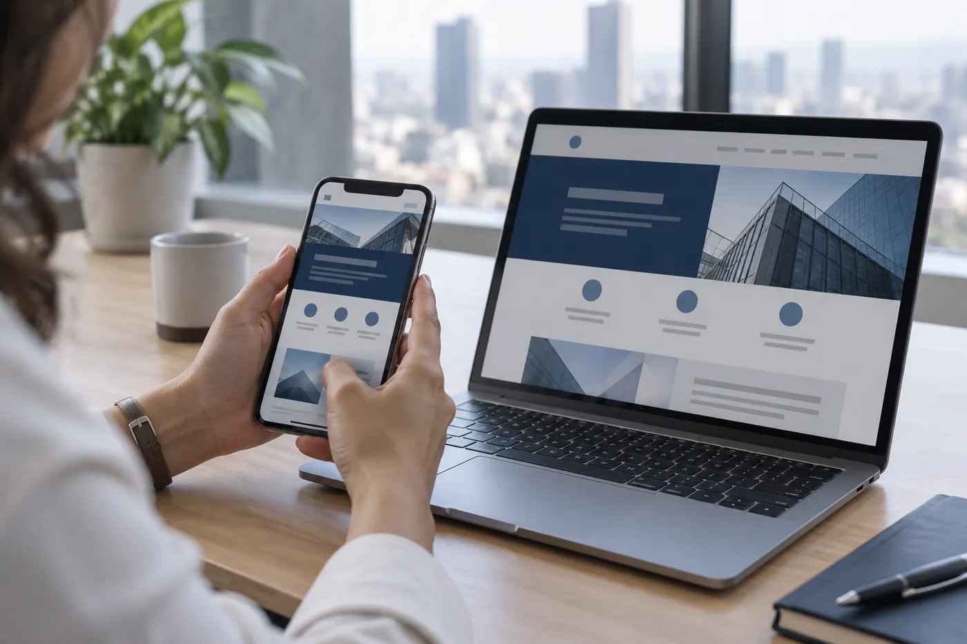 Revisión de un sitio web en computadora y celular