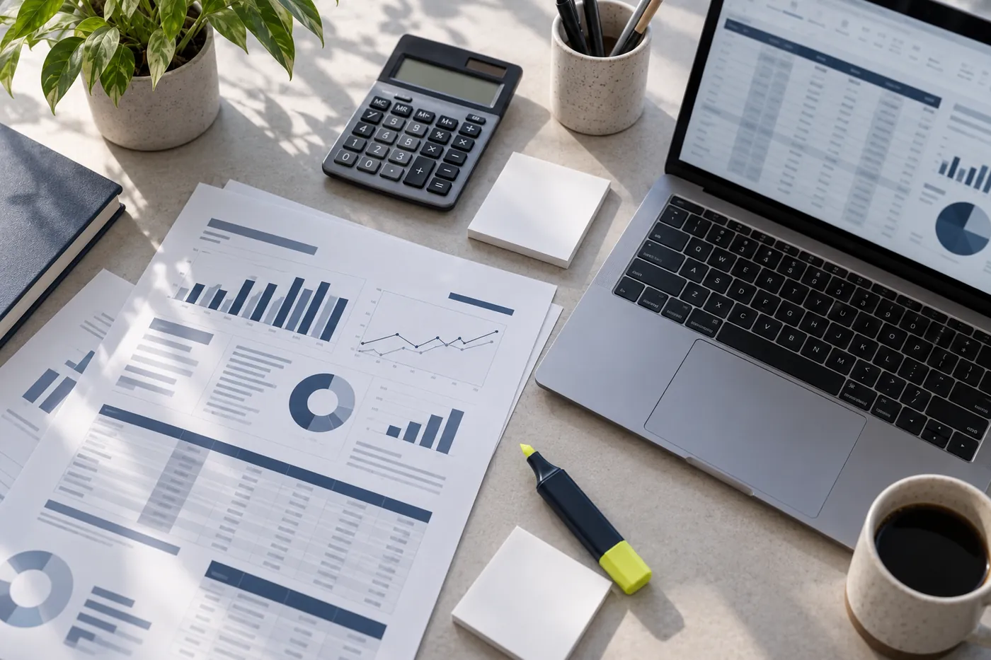 Informe impreso con gráficas, hoja de cálculo y calculadora sobre una mesa de trabajo