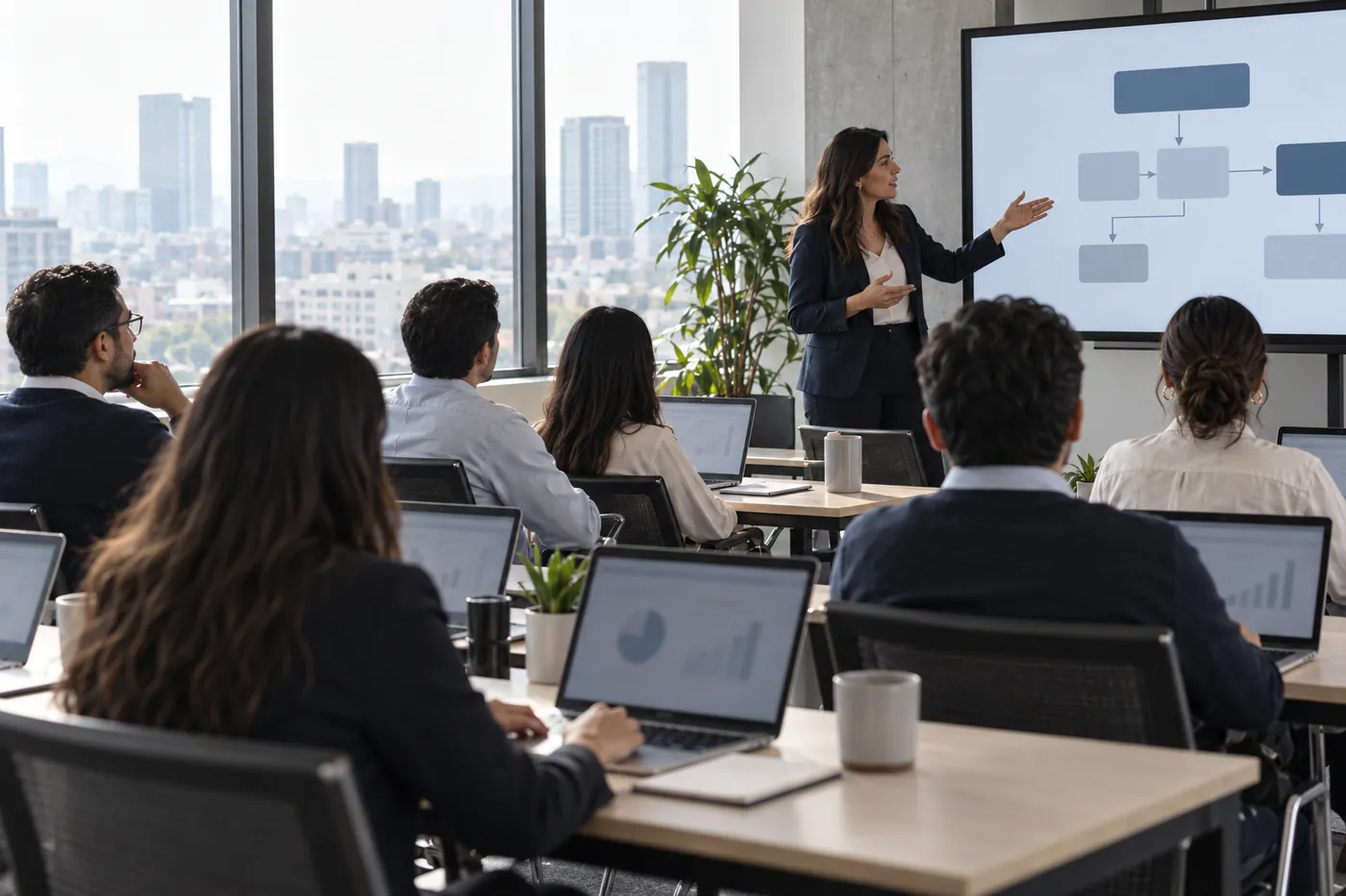 Sesión de capacitación con participantes trabajando en sus computadoras
